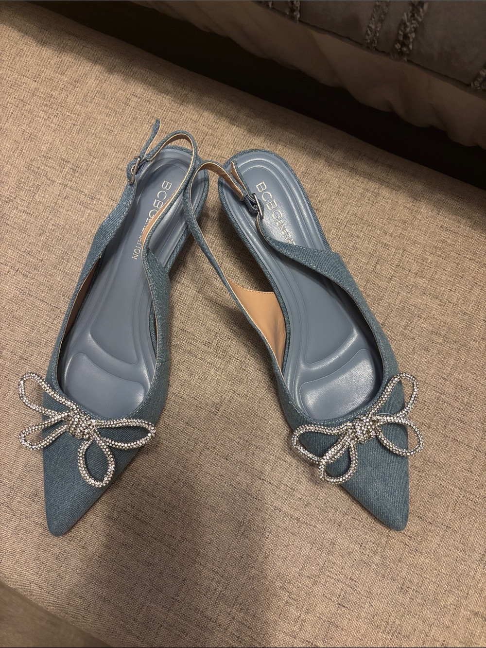 BCBGMaxAzria Dusty Blue Pointed Slingback Flats with Crystal Bow